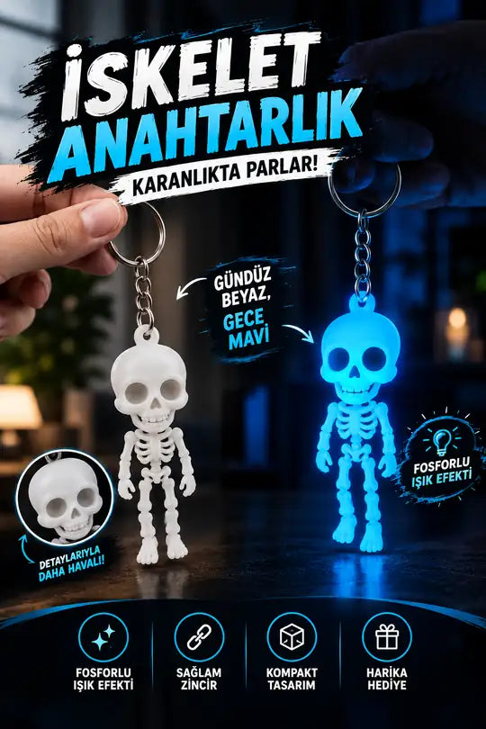 Fosforlu Mavi Işık iskelet Anahtarlık Hareket Edebilir(Eklemli)
